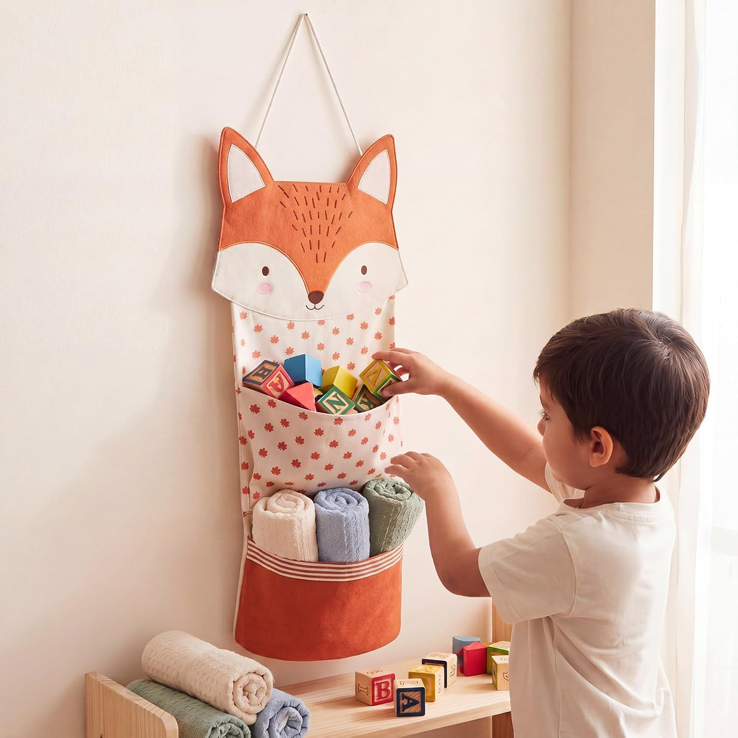 Fox Over Door Organizer for Nursery - Woodland Baby Room Hanging Storage Bag with 2 Pockets, Cotton Over the Door Caddy for Diapers Wipes Closet, Kids Room Decor 27x12 Inch