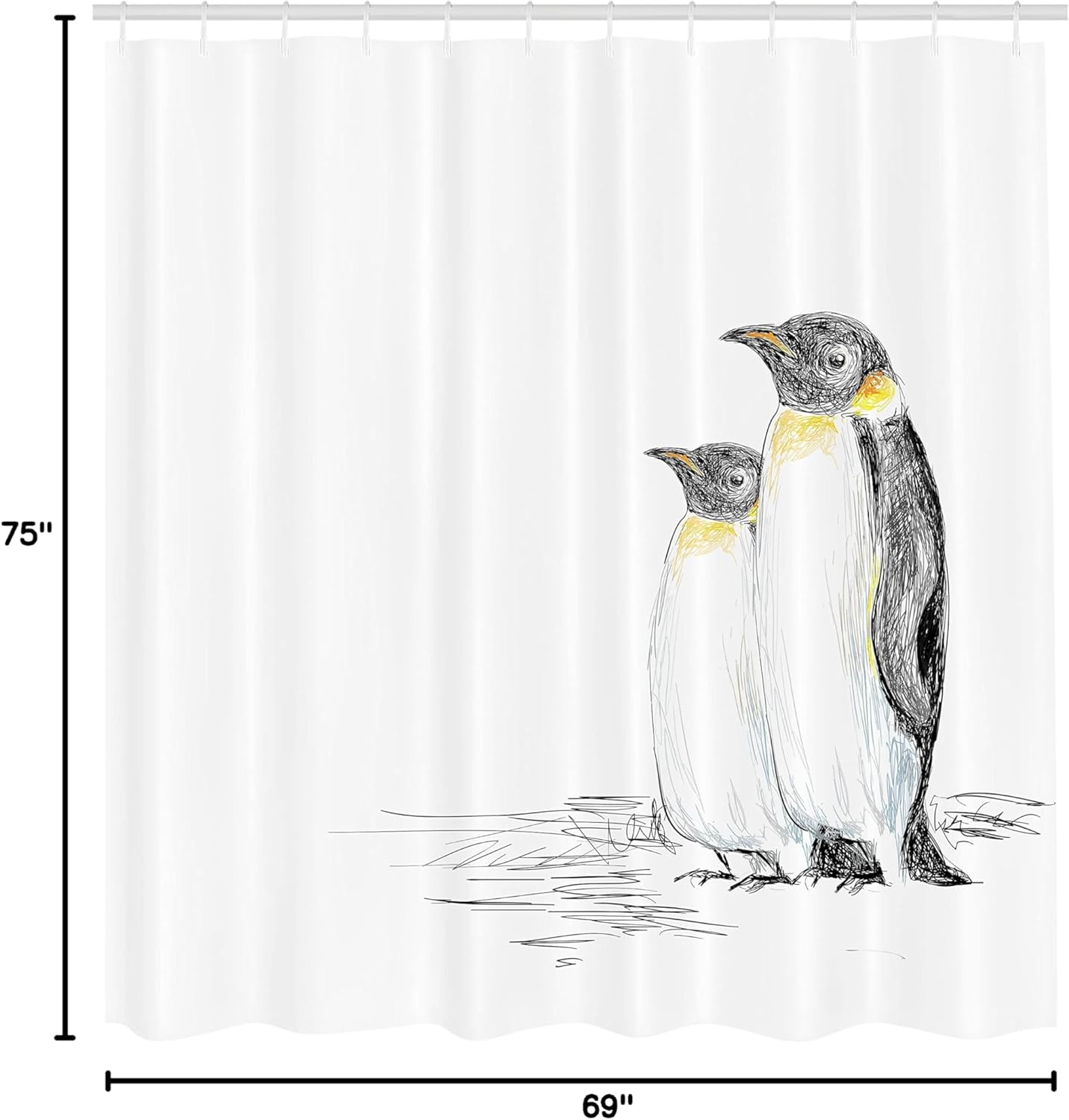 Ambesonne Sea Animals Shower Curtain, Hand Drawn Art Penguins Aquatic Flightless Birds Polar South Pole Wildlife, Cloth Fabric Bathroom Decor Set with Hooks, 69" W x 75" L, Charcoal White
