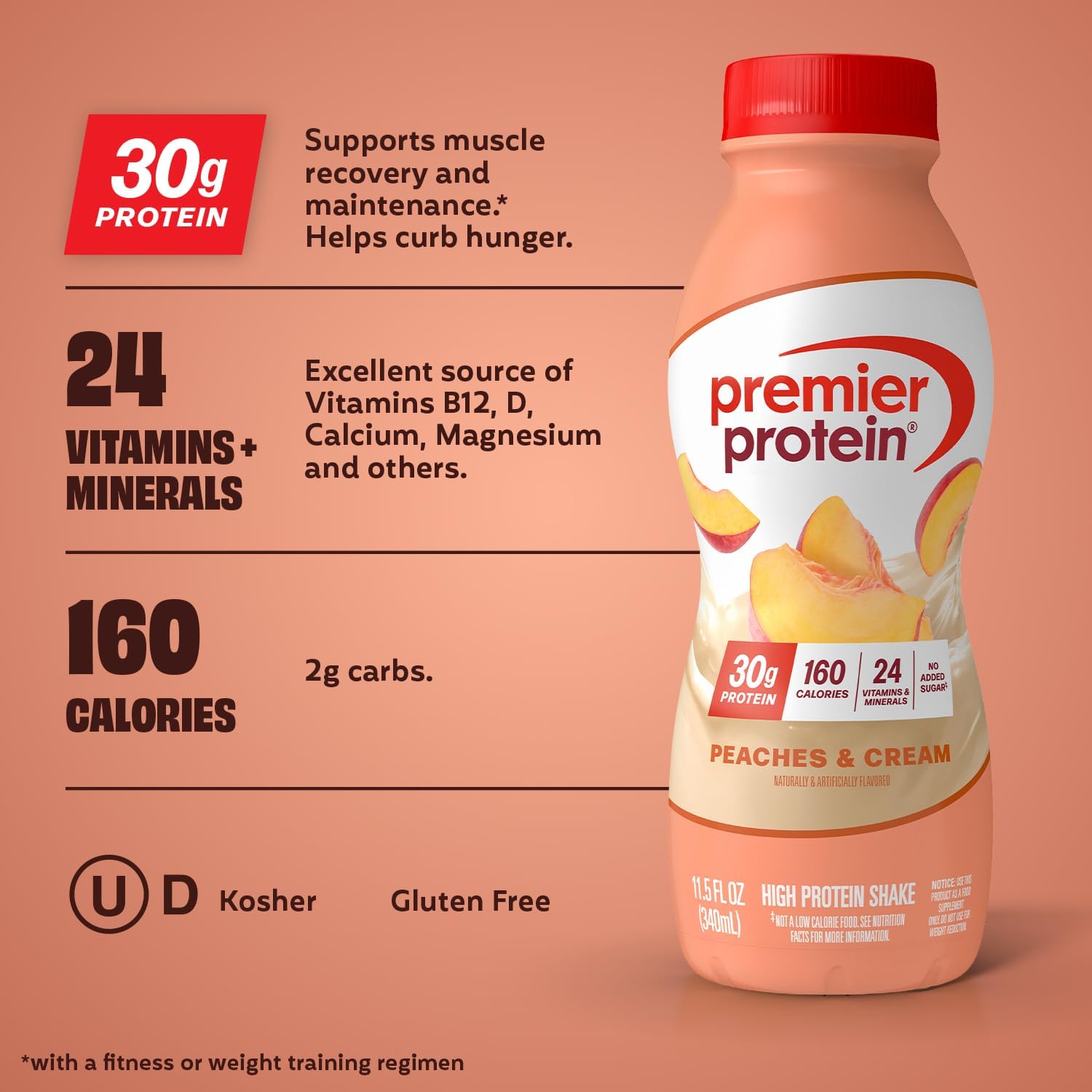 Premier Protein Shake, Peaches & Cream, 30g Protein, No Added Sugar, 24 Vitamins & Minerals to Support Immune Health, 11.5 fl oz, 12 Pack