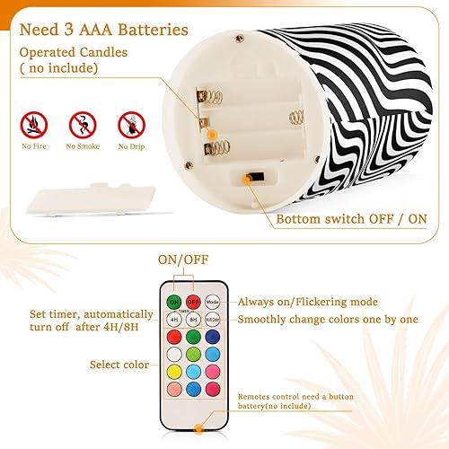 Miniatura 4 de Velas sin llama de rayas onduladas blancas y negras con control remoto, 2 velas falsas LED que funcionan con pilas y temporizador para exteriores,