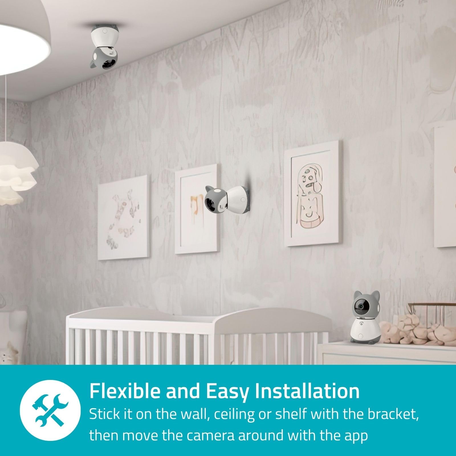 NEDIS Smartlife kamera wewnętrzna WLAN Full HD 1080p Pan tilt Cloud MicroSD z czujnikiem ruchu, noktowizorem, Android i iOS, szara, biała, 1,5 m, biała, szara, WIFICI30CGY
