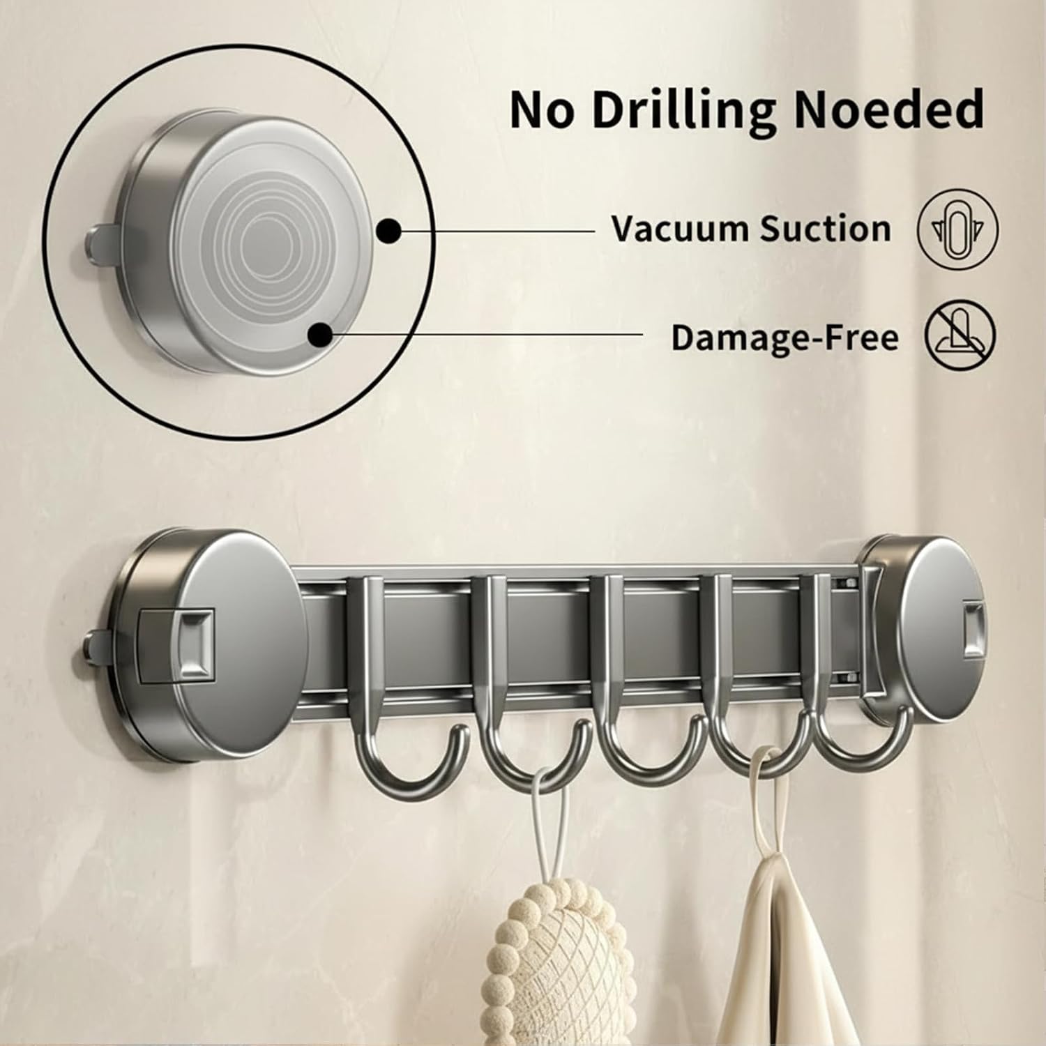 Adjustable Suction Hook Rail No Drill Vacuum Hanger Kitchen Bathroom Organizer for Tile Glass Surfaces