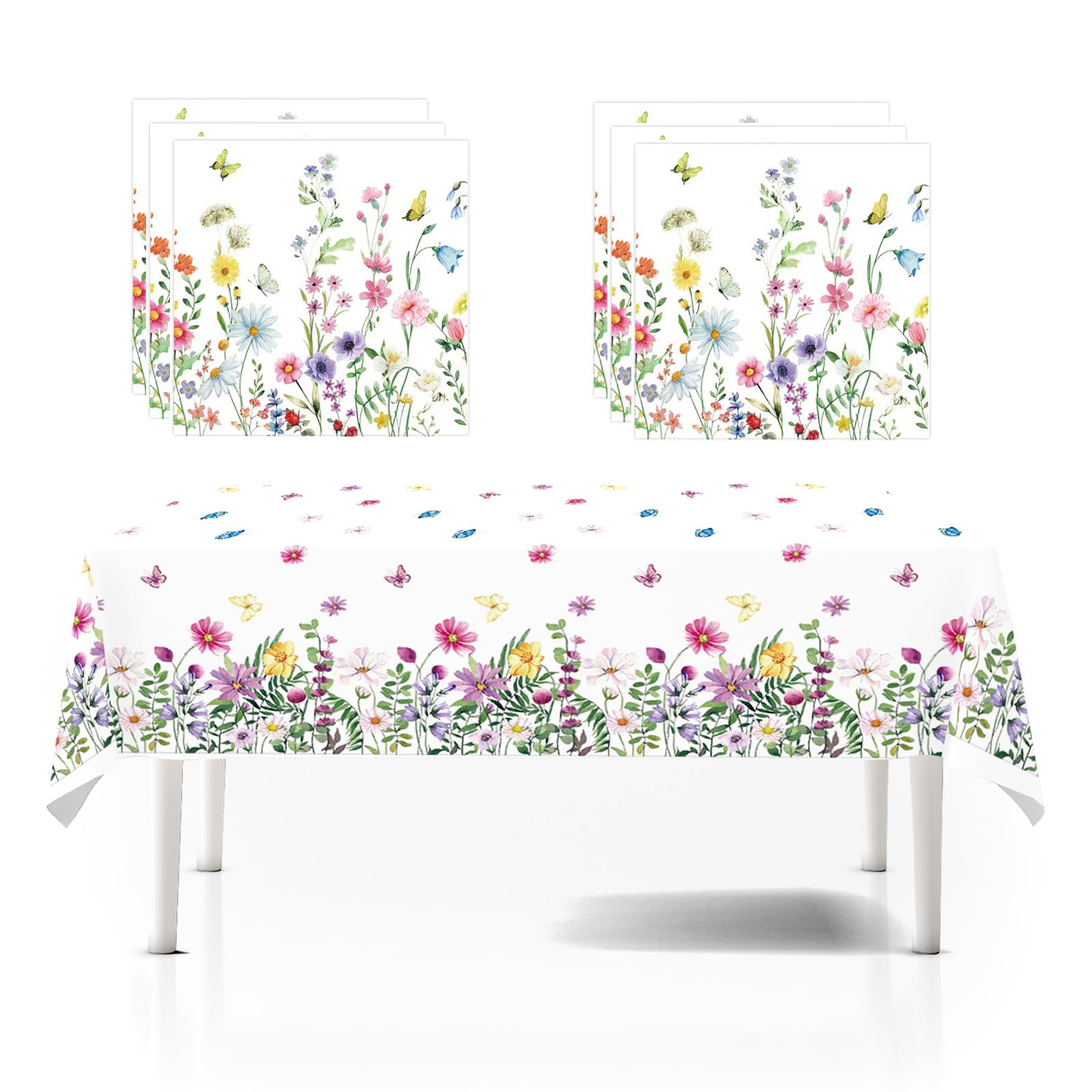 GHKJOK 2 Pack Wildflower Tablecloths with 20 Napkins – 51 x 86in Botanical Floral Disposable Table Covers for Garden Party, Picnic, Wedding, Spring Birthday Decorations