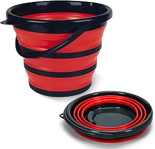 Cubo de silicona plegable de 10 litros, color rojo y negro, con asa, para camping, playa, lavandería, pesca, lavado de coches, viajes, senderismo, etc