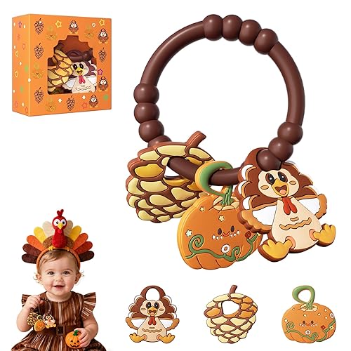 Anillo de dentición de bebé de Acción de Gracias con 3 mordedores, pavo, calabaza y piñas con textura suave, mordedor de silicona para 0 a 12 meses,
