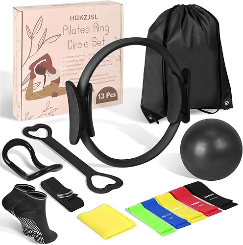 Miniatura 12 de Kit esencial de anillo de pilates para mujer, equipo de entrenamiento en casa con pelota de 9.8 pulgadas, bandas de resistencia, círculo mágico