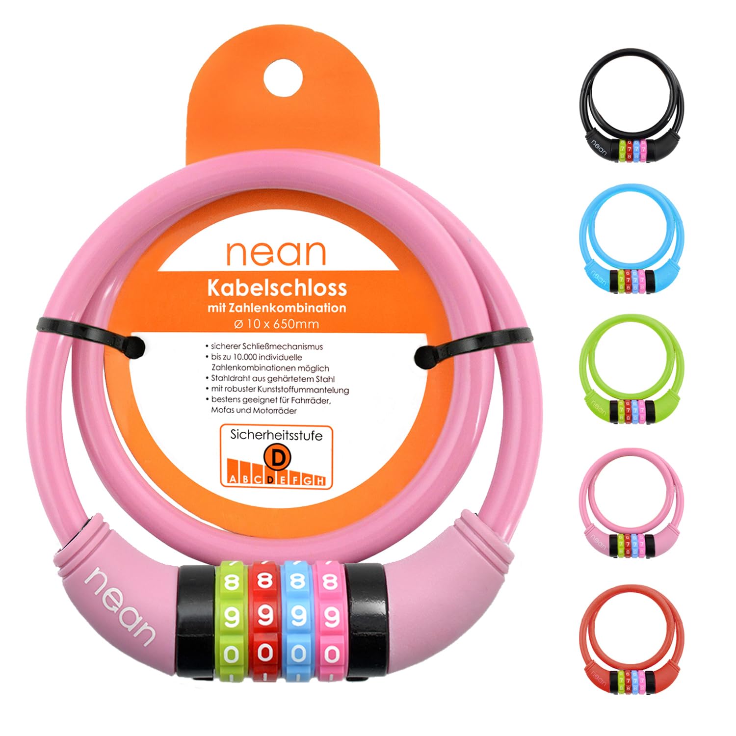 Antivol Vélo Enfant à Code à 4 Chiffres - Câble Renforcé 10mm, Longueur 65 Cm, Rose