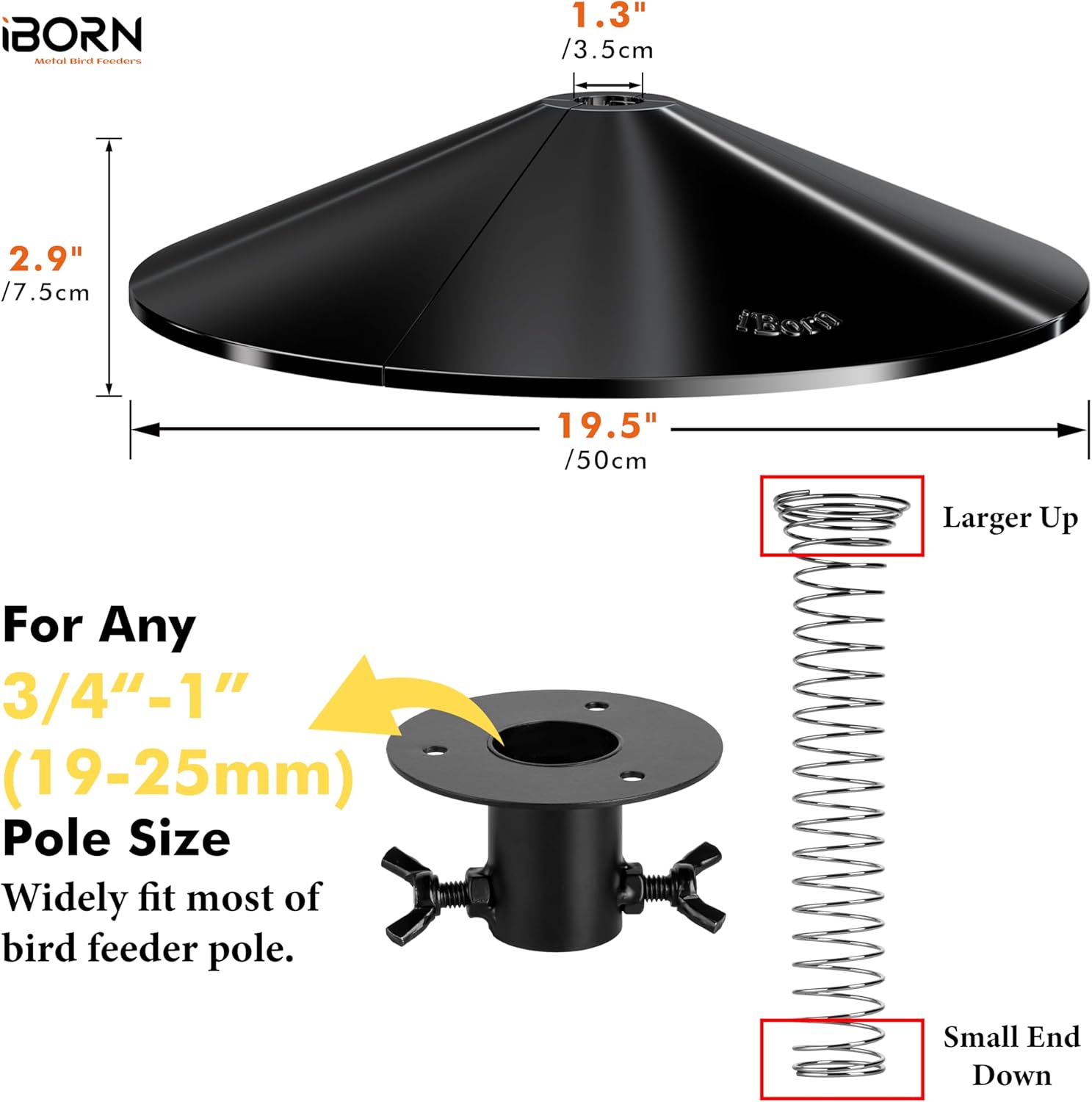 iBorn Spring Squirrel Baffle for Bird Feeder Pole, 19.5” Oversized Spring Squirrel Guard Defender, Bird Feeder for Outdoors Protector, Metal Spring & Buckle, Polycarbonate(PC) Baffle, Pack of 1,Black