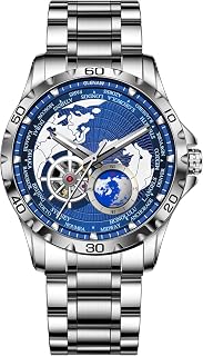 Automatic Watches for Men, Blue Rotating Little Earth Blue Dial Men's Mechanical Watch Luminous Hands, 3ATM Waterproof Steel Strap Stopwatch
