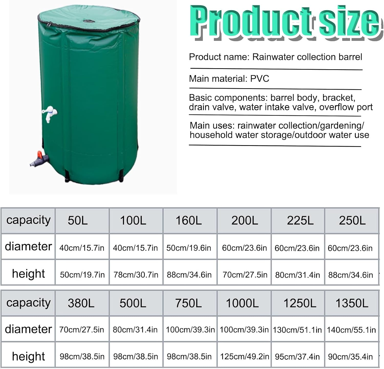 Eco-Friendly Rain Barrel，Outdoor Rain Collection Bag，Rain Barrel Water Collector， Portable Storage Tank, Water Storage Tank,for Garden, Patio(Green,1000L)
