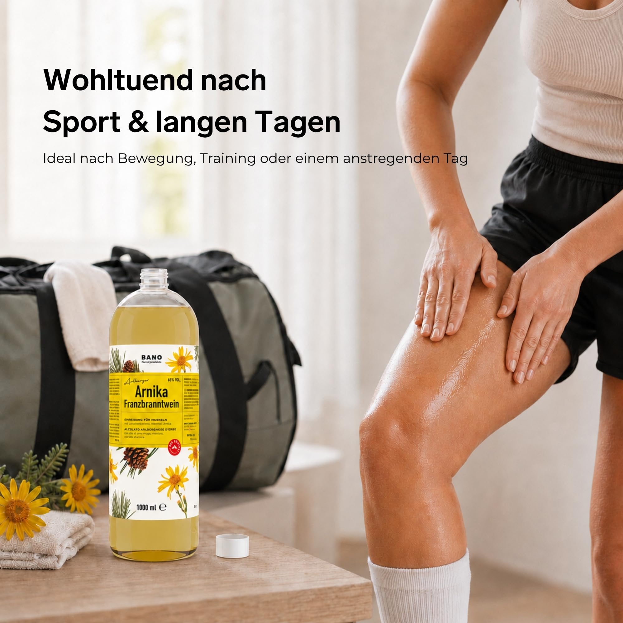 BANO Tiroler Arnika Franzbranntwein 1000ml, Ideal vor und nach Sport, sowie bei Muskelkater, zum Kühlen schwerer Beine, enthält 65% vol. Alkohol, Latschenkieferöl, Menthol und Arnikaextrakt