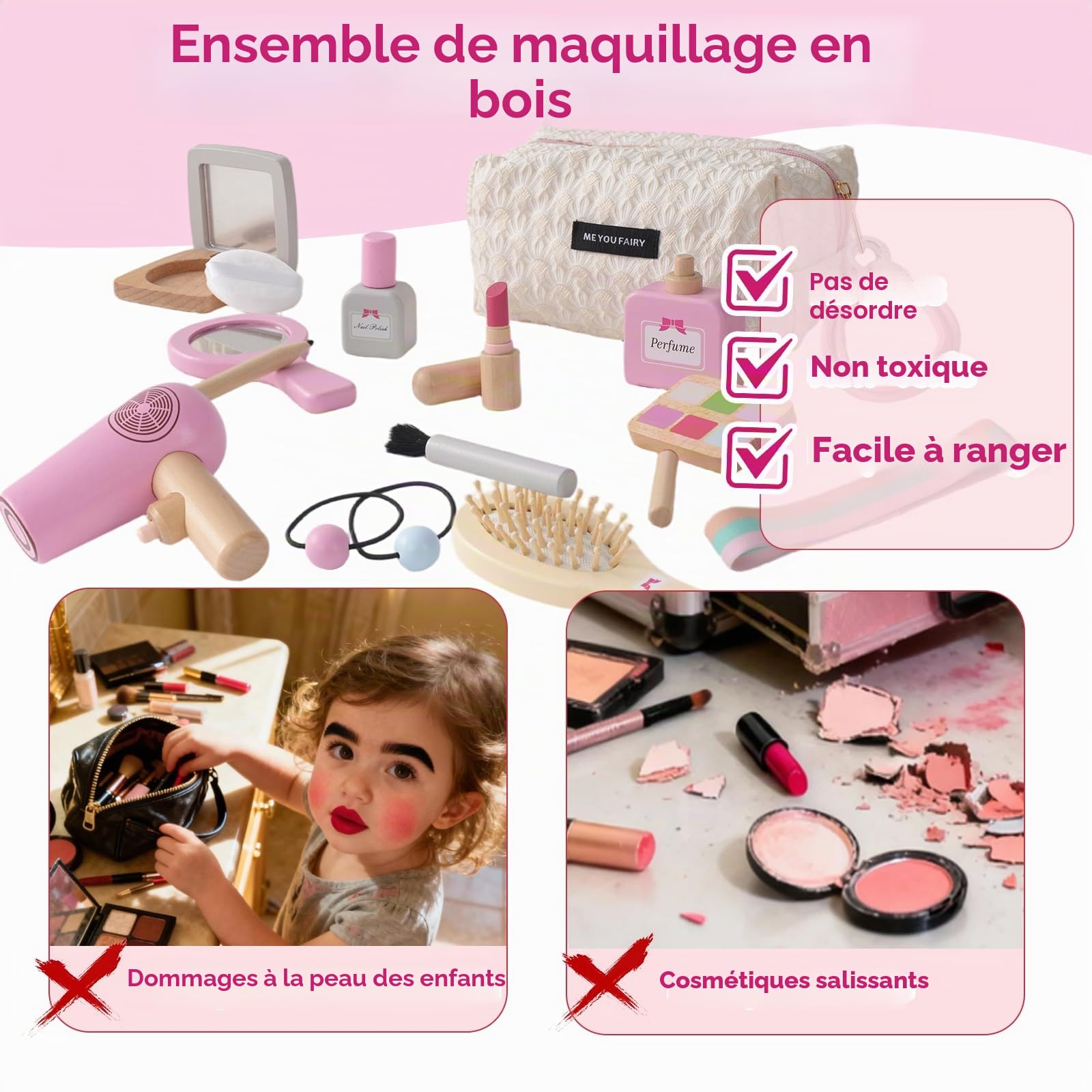 Jouets de Maquillage Kit pour Enfants, Faux Maquillage Enfant Fille, Coiffure en Bois pour Jeux de Rôle, pour Les Anniversaires et Noël des Enfants de 3 4 Ans.