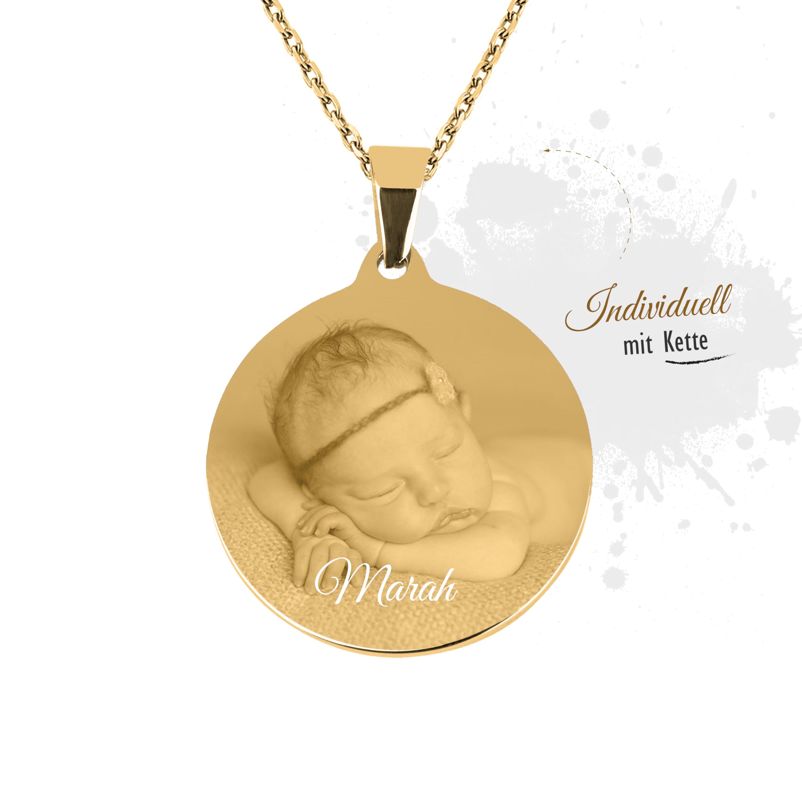 Fotogravur Anhänger rund mit Kette und eigener Gravur Namen und Datum/Bildgravur mit Wunschgravur/Farben: Silber/Gold/Roségold