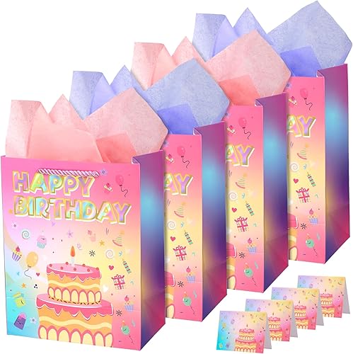 Bolsas de regalo de cumpleaños medianas de 9 pulgadas con papel de seda y tarjetas, bolsas de regalo con asas para fiesta de cumpleaños para hombres