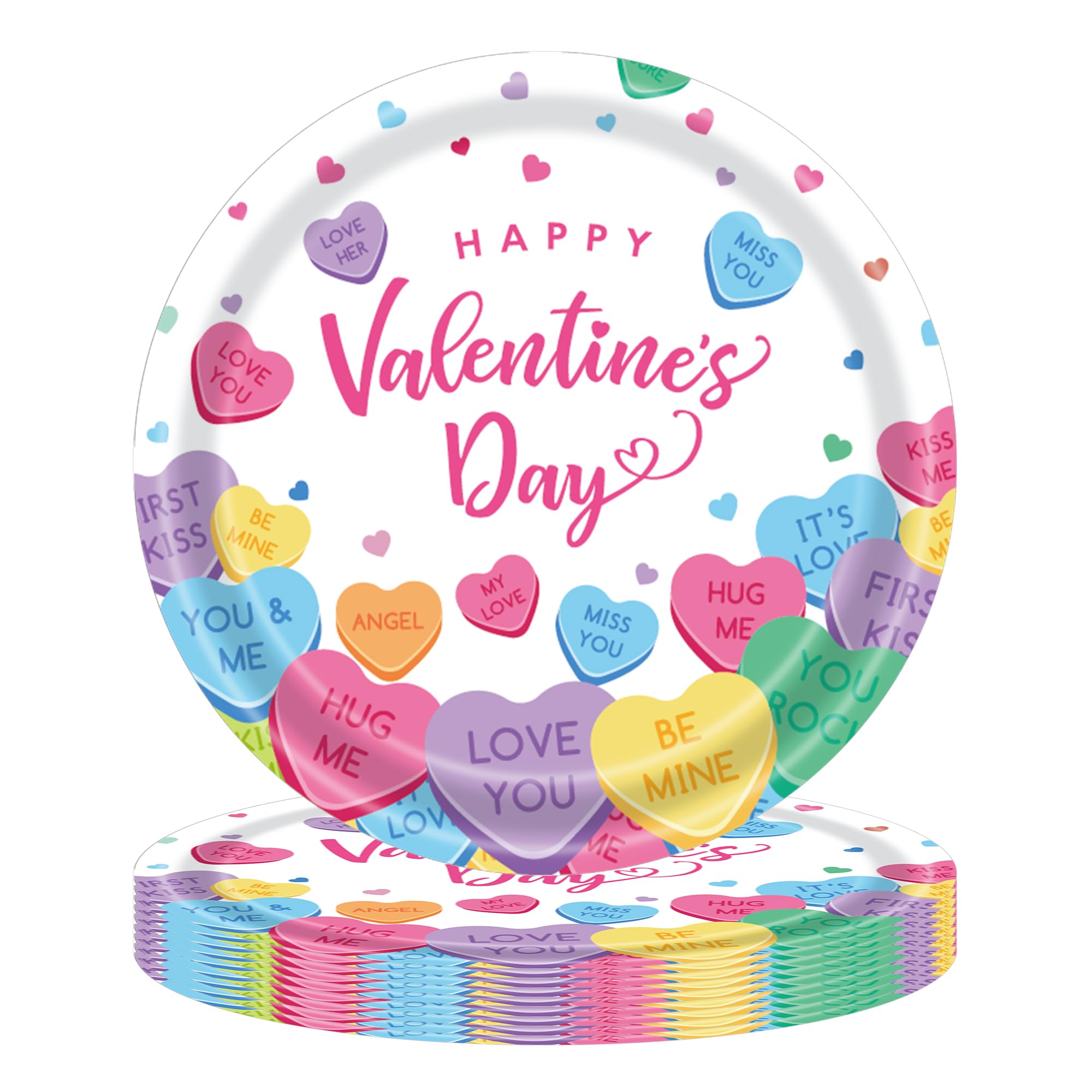 Photken 48 Pieces Valentine’s Day Paper Plates – 9 Inch Candy Heart Design Round Disposable Dinner Plates for Valentine’s Parties, Weddings, Anniversaries, and Romantic Dinners