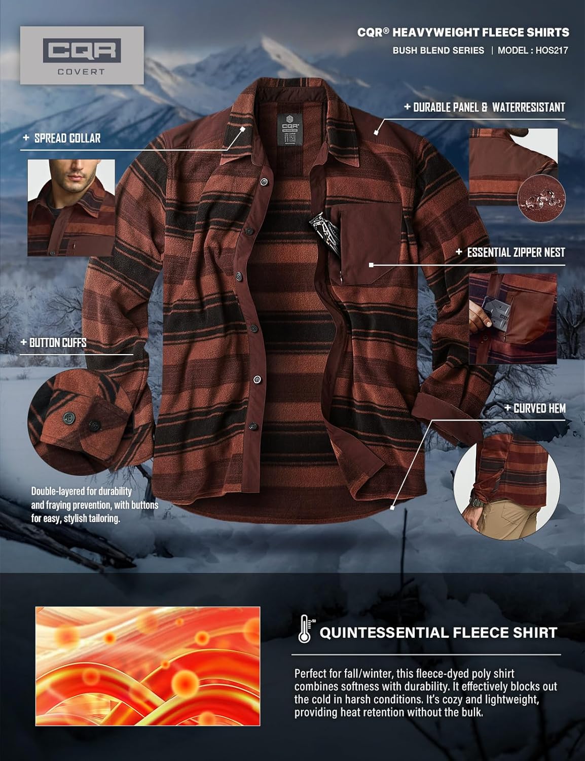 CQR Men's Long Sleeve Heavyweight Fleece Shirts, Plaid Button Up Shirt, Warm Outdoor Casual Shirt with Pockets - Image 7