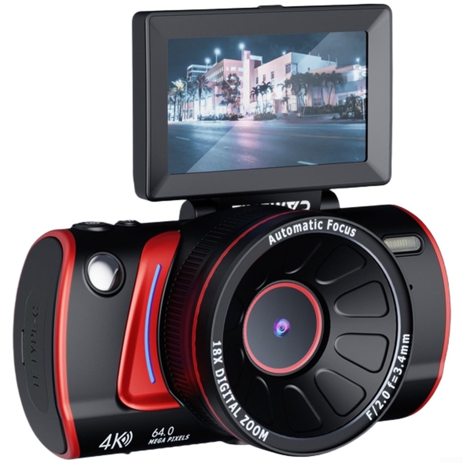 Fotocamera digitale 4K con schermo flip a 180°, telecamera WiFi Vlogging da 64 MP, zoom 18X compatto per videocamera per studenti, viaggi, avventure all'aperto, nero (bianco)