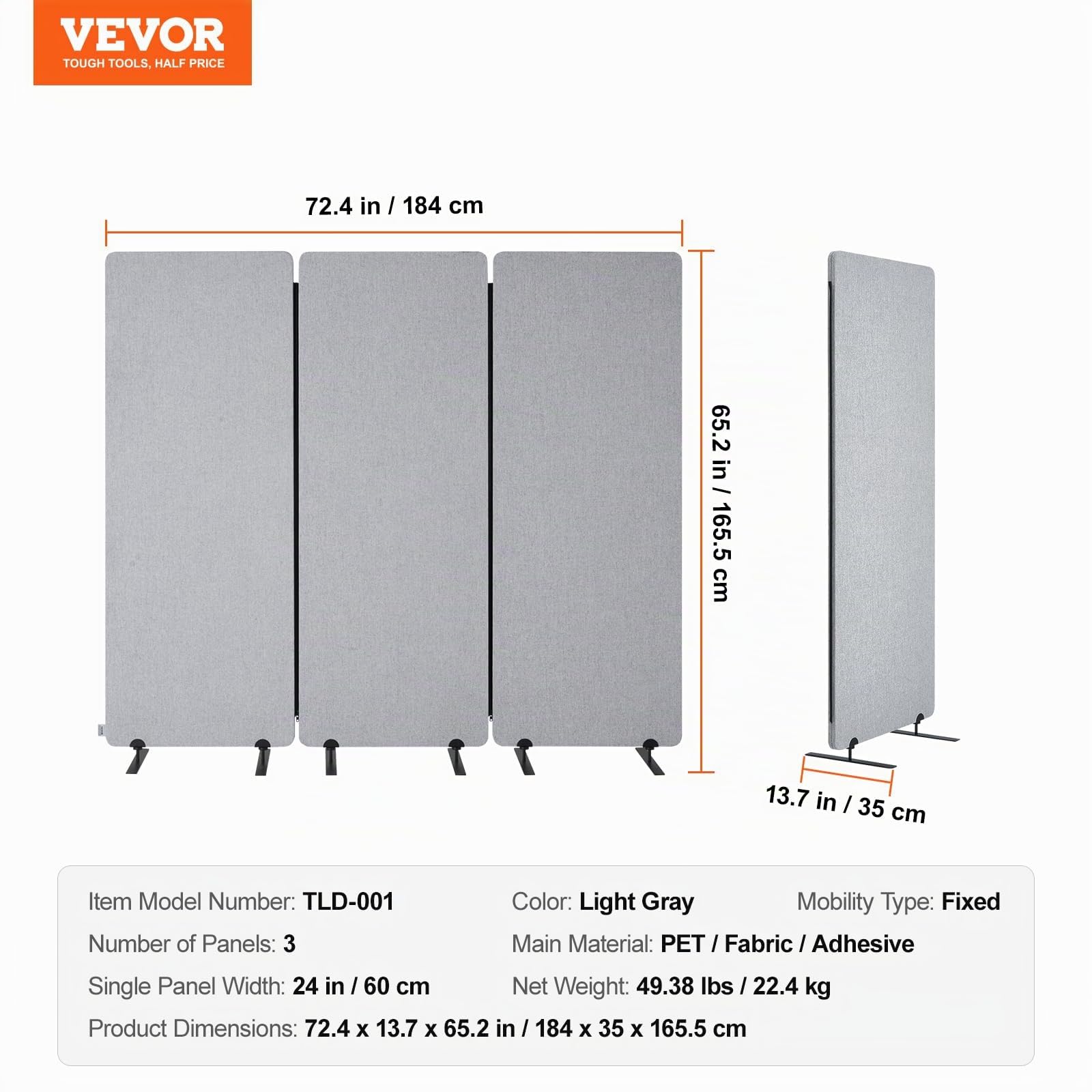 VEVOR Biombo Separador de Ambientes de 1840 x 350 x 1655 mm, Divisor Plegable de 3 Paneles de Poliéster Pet Insonorizado Mamparas Divisorias Independientes de Privacidad para Estudio de Oficina, Gris