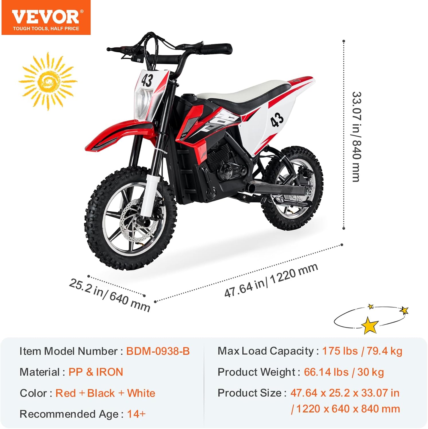 VEVOR Kids Ride On Motorcycle, 36V Battery Powered Electric Motorcycle with Speed Up to 15.5mph, Treaded Tires, Battery Gauge, Dual Brakes, Ride on Toys for Children Boys Girls Aged 14+