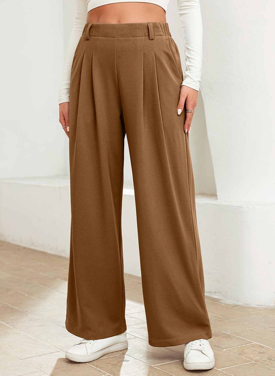 EVALESS Women's Wide Leg Pants Elastic High Waisted Waffle Knit Casual Palazzo Pants Trousers with Pockets - Image 3