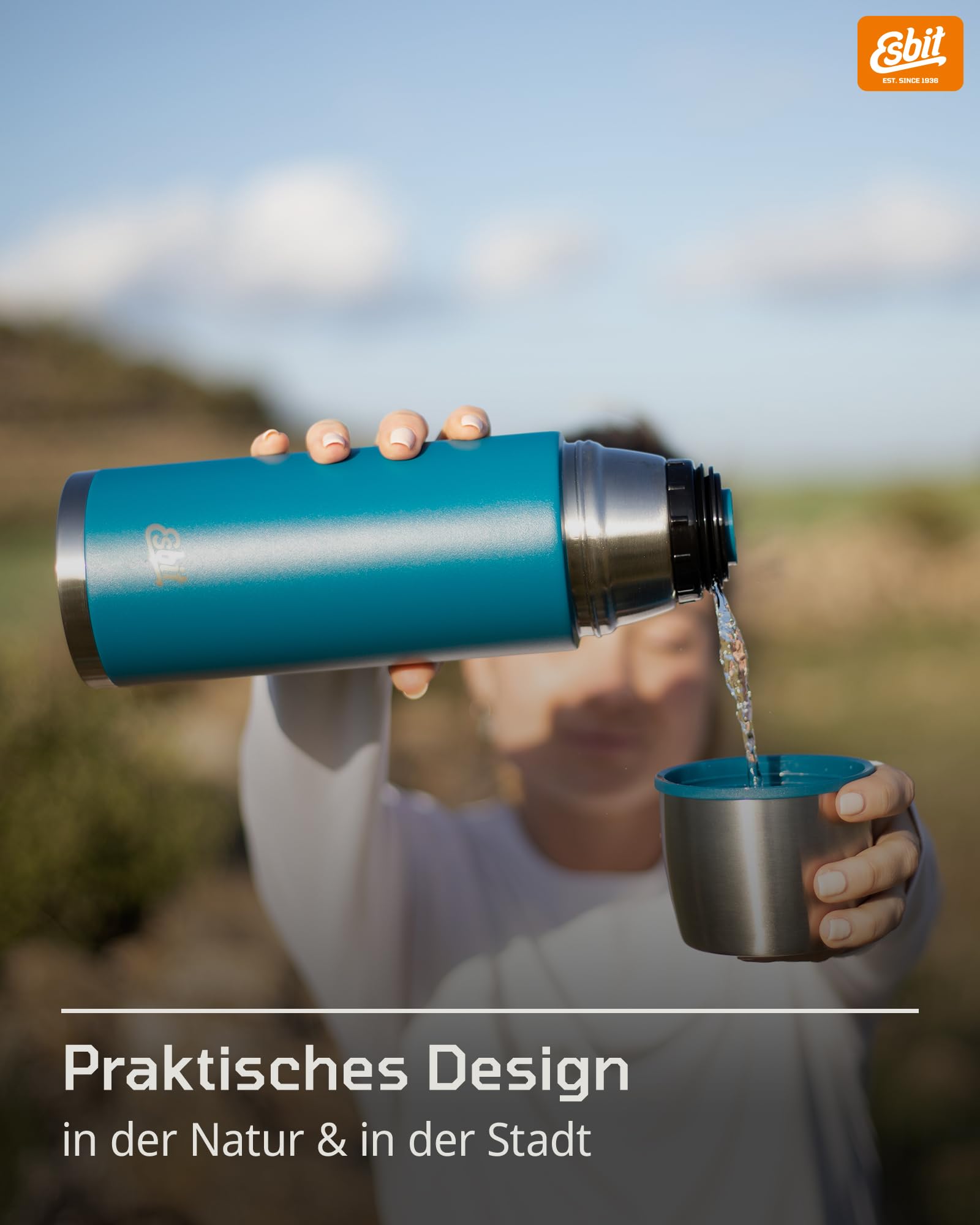 Esbit Classic Isolierflasche 1L - Thermoskanne für warm & kalt - Thermosflasche mit 2 Bechern - Trinkflasche Edelstahl - Auslaufsicher - Olivgrün