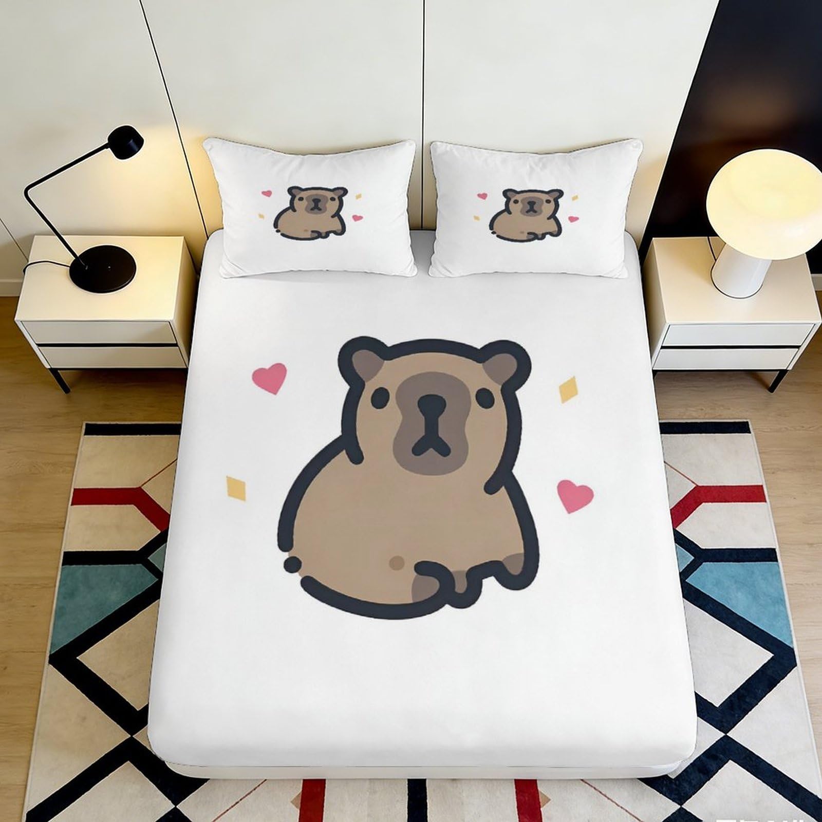 3D Printed Cartoon Capybara Fitted Sheet Microfiber Cute Heart Animal Mattress Cover for Bedroom Dorm Decor 90x200x25cm
