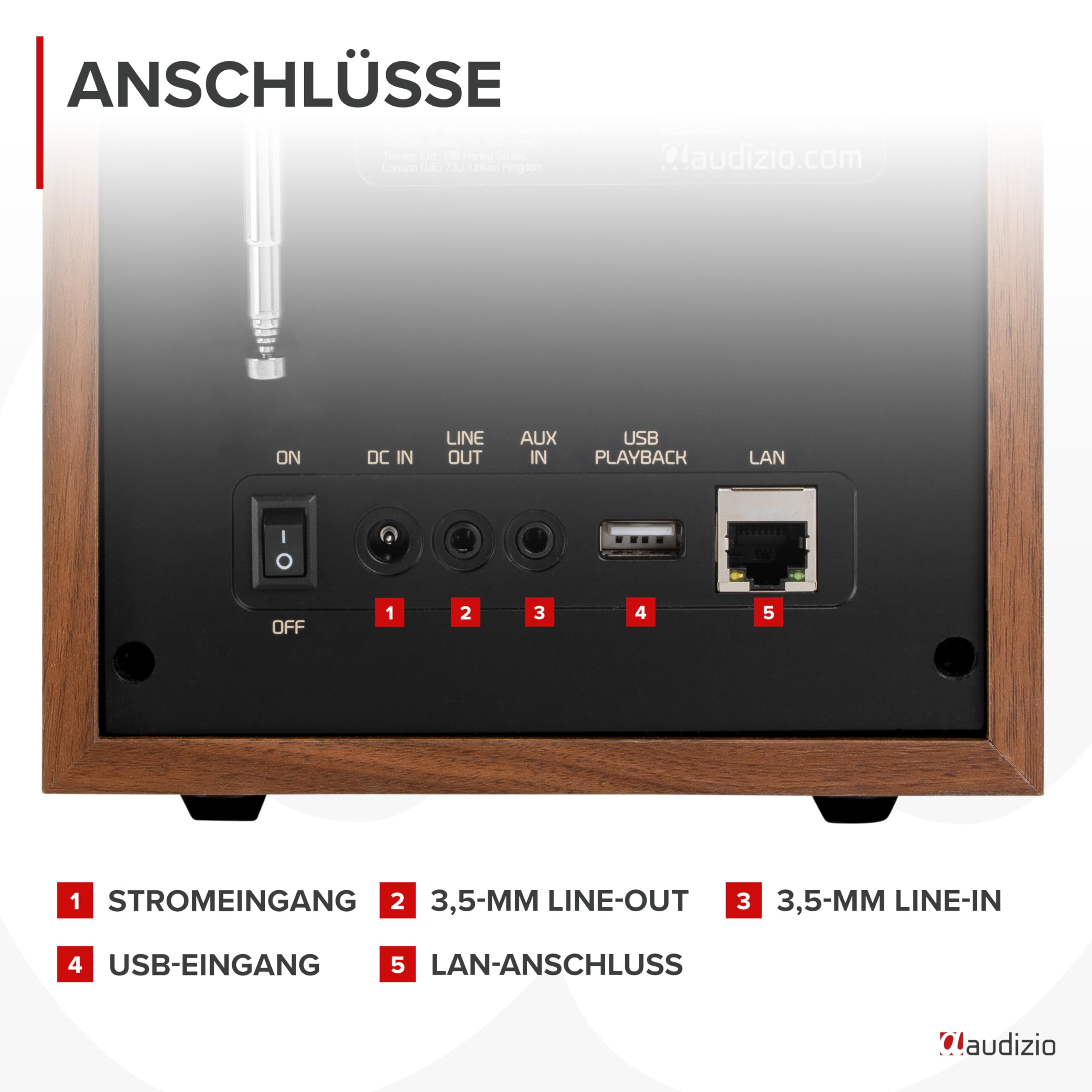 Audizio Canzo - DAB Radio, Internetradio mit WLAN & Bluetooth 5.3, Digitalradio, Radio mit Fernbedienung, Küchenradio mit LAN-Anschluss, AUX & Line-Out, ideal für Küche, Wohn-& Schlafzimmer - Walnuss
