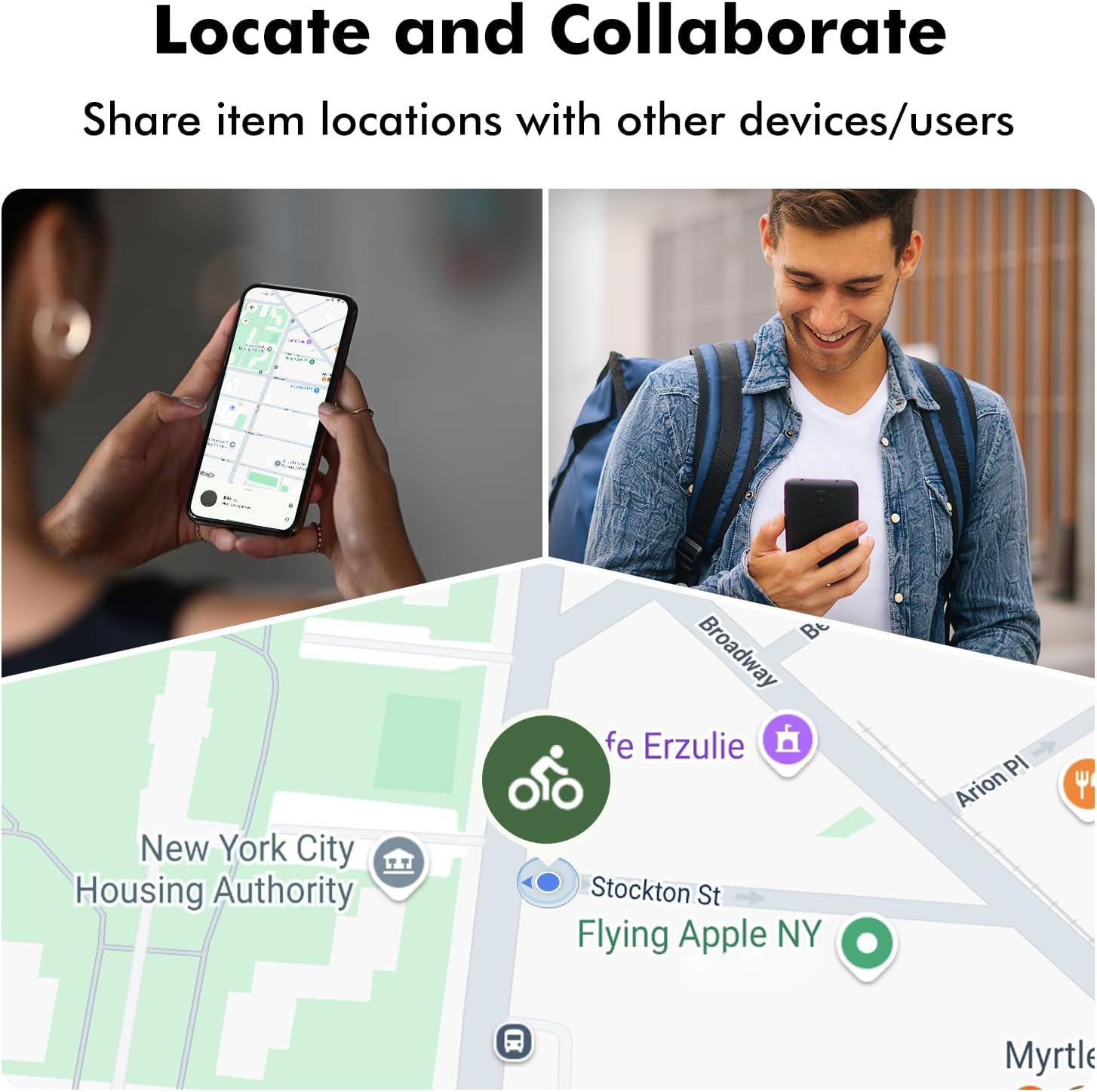 Two people looking at smartphones, with a map overlay showing shared item locations, illustrating the collaboration feature.