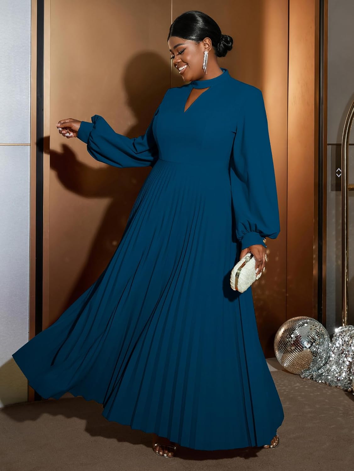 AOMEI Women's Cutout Long Pleated Church Dress Puff Sleeve Stand Collar Casual Dresses for Women Classy - Image 3