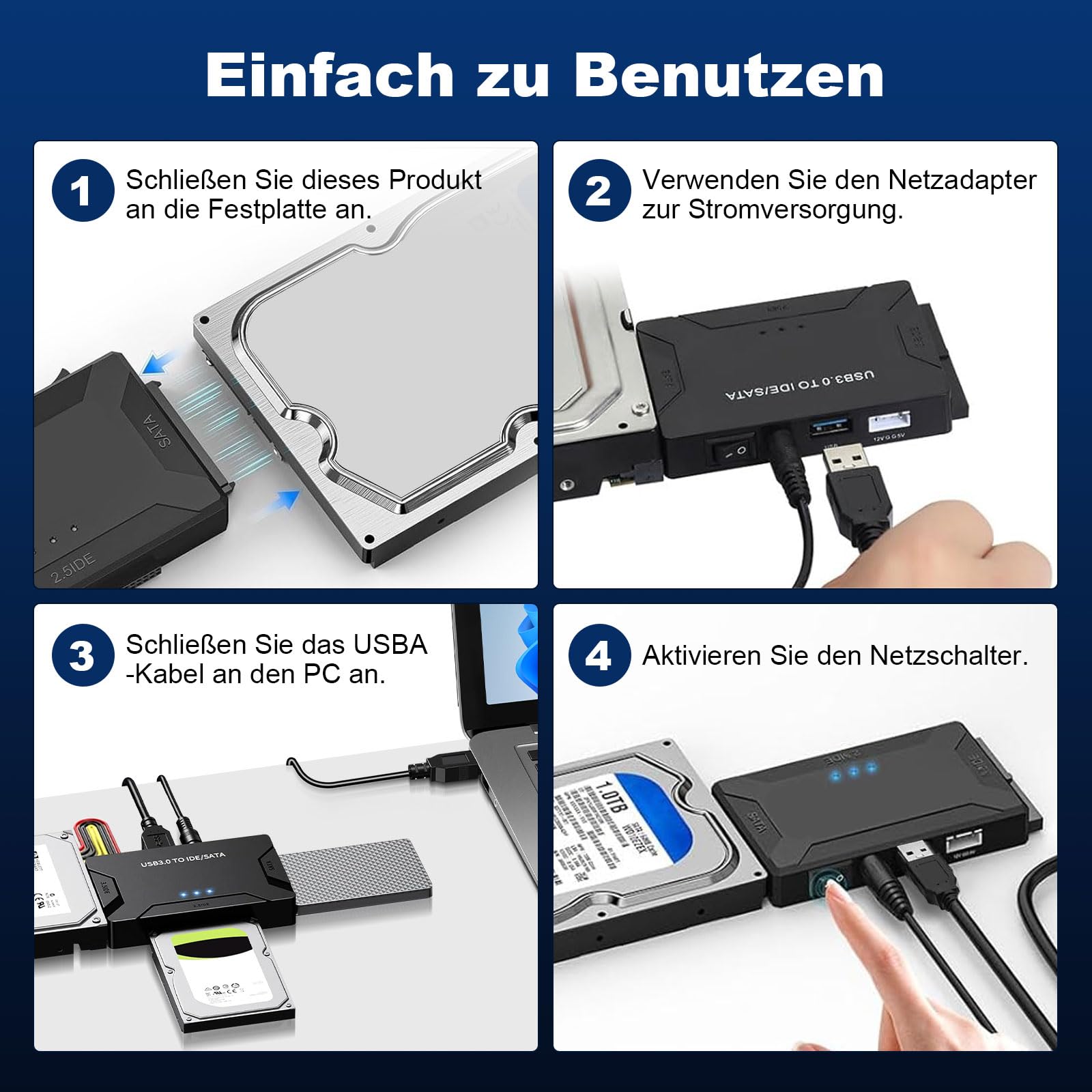 ADATTATORE IDE/SATA a USB 3.0 per HDD 2,5/3,5 pollici su Windows 11/10/8/7/XP/Vista, Mac OS, Linux con cavo SATA e USB, alimentatore 2A