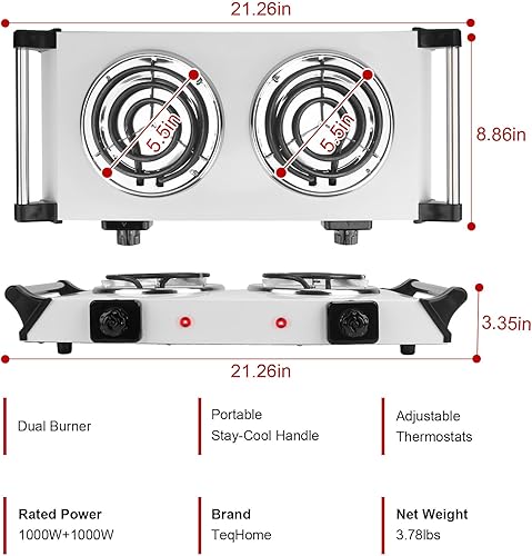 Miniatura 7 de Placa caliente de 2000 W, estufa eléctrica portátil para encimera, quemadores de bobina doble con control de temperatura de 5 niveles y asas que se
