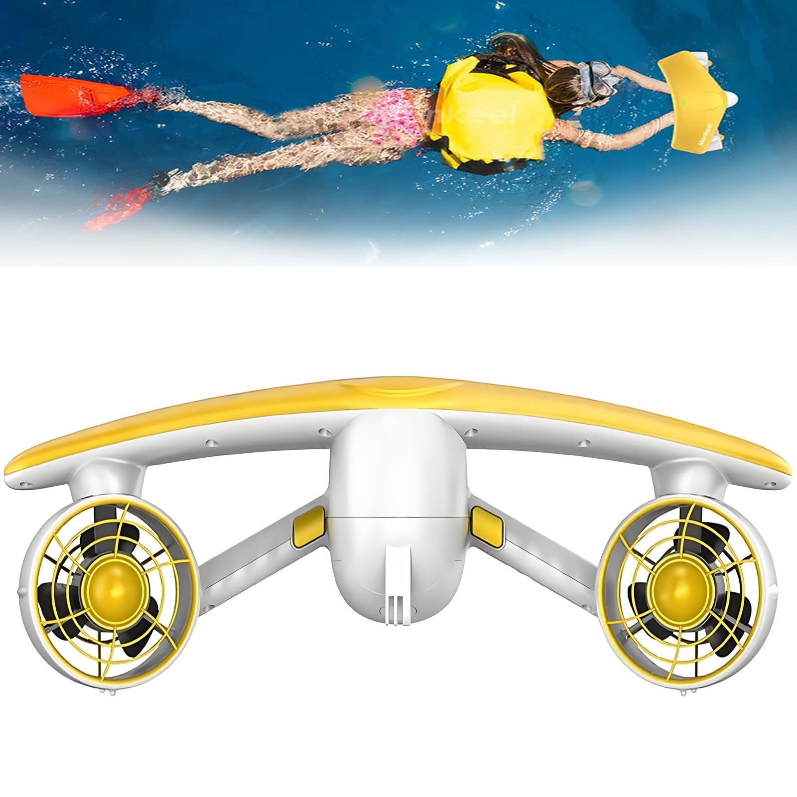Lpoxuru Waterproof Diving Propeller, Maximum Depth 50 Metres, Dual 300w Motors with Underwater Propellers, Removable Battery, Suitable for Diving and Swimming Yellow