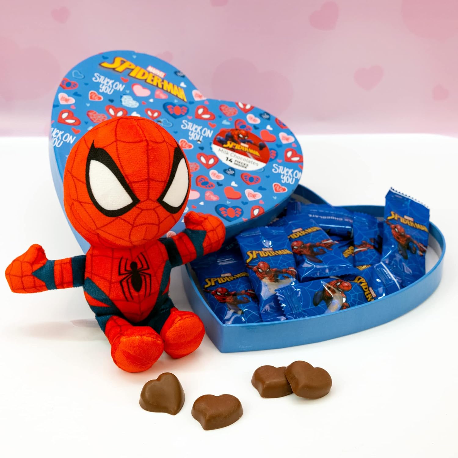 Spiderman Heart Box with Plush, Marvel Chocolatey Candy Assortment, Valentines Gift for Boys, 14 Individually Wrapped Candies, 2.96 Ounces