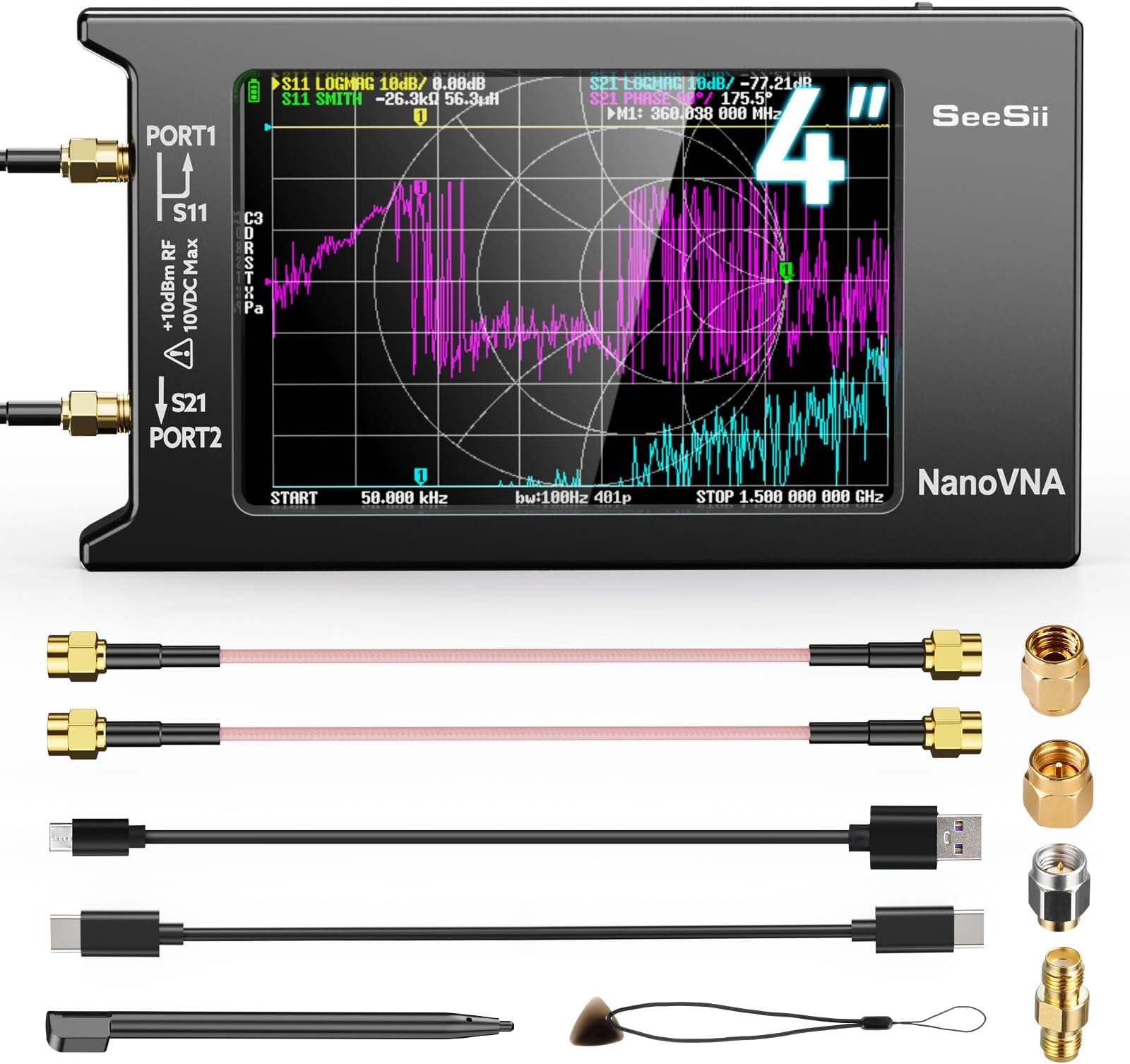 Upgraded NanoVNA-H4 Vector Network Analyzer, Latest V4.4 9KHz-1.5GHz HF VHF UHF 4" Touch Screen VNA Antenna Analyzer Measures S Parameters,Voltage Standing Wave Ratio, Phase,Delay, Smith Chart