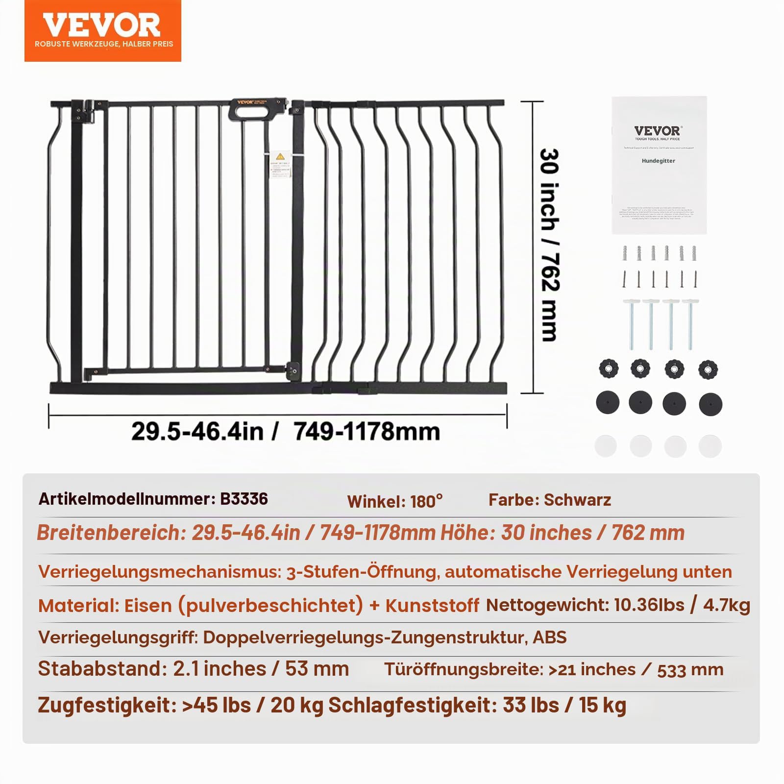 VEVOR Türschutzgitter, Absperrgitter Treppengitter, 749–1229mm Breitenbereich Kindergitter, Haustiergitter, Treppenschutzgitter, Beidseitig Schwenkbare 762mm Höhe, Schwarze Babygitter ohne Bohren
