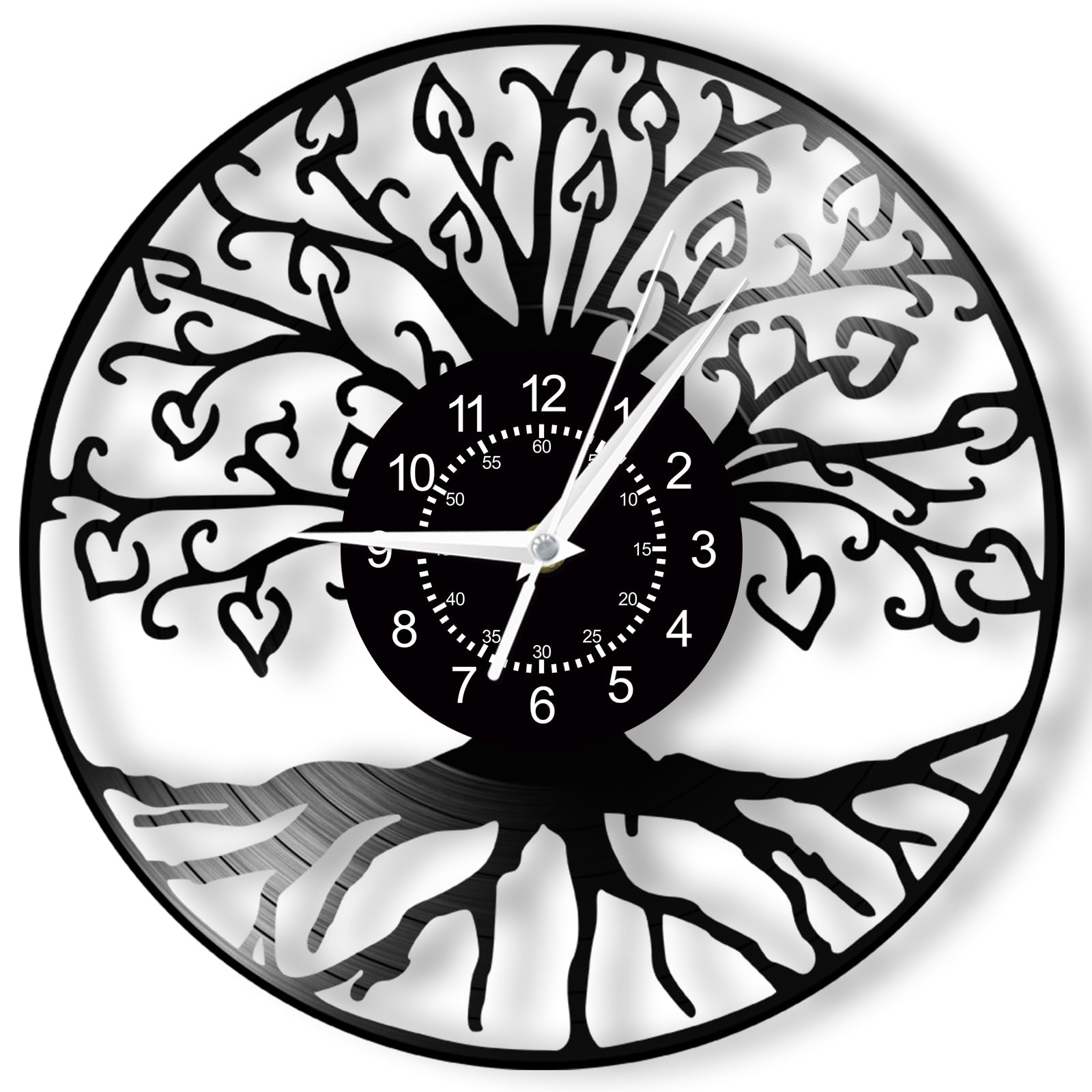 TIMEGLOW Tree of Life Clock Wall Decor, 12 Inch Vinyl Record Wall Clock, Silent Quartz Non Ticking Battery Operated Modern Decorative Analog Black