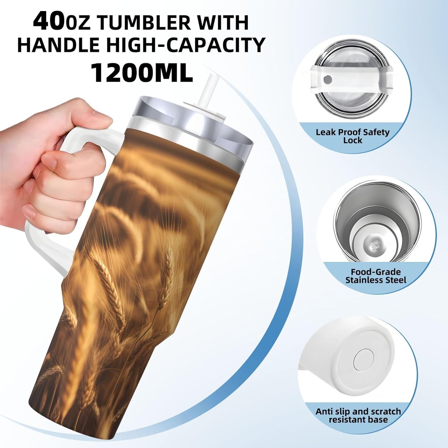 40 OZ Wheat Field Print Ice Bully Cup with Handle Straw Lid Straw,Stainless Steel Tumbler Coffee Cup
