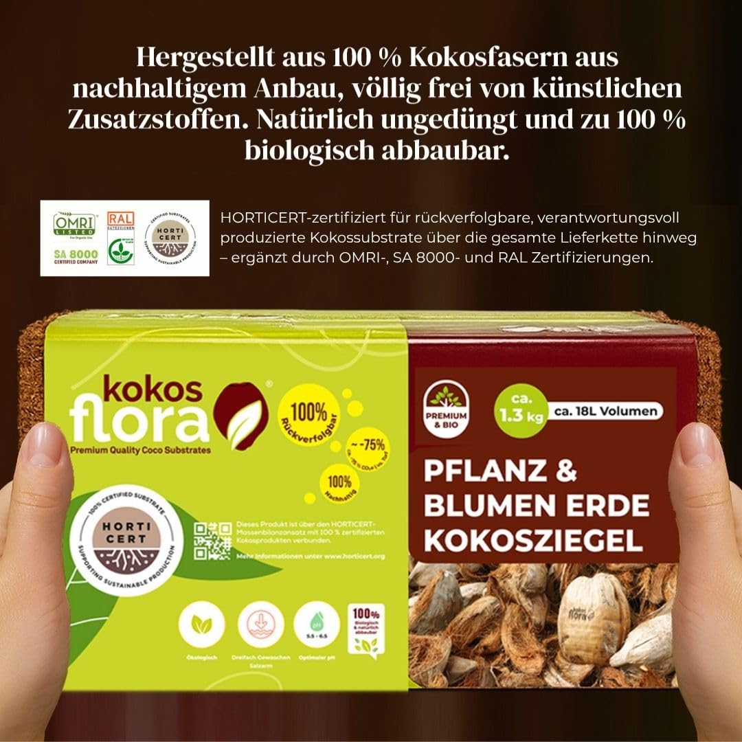 90L Kokoserde Ziegel 10 x 650g - Natürlich &Torffrei kokosfasern für Pflanzen Ideal für Innen und Außen - Topfpflanzen, Zimmerpflanzen, Balkonkästen, Gartenbeete.