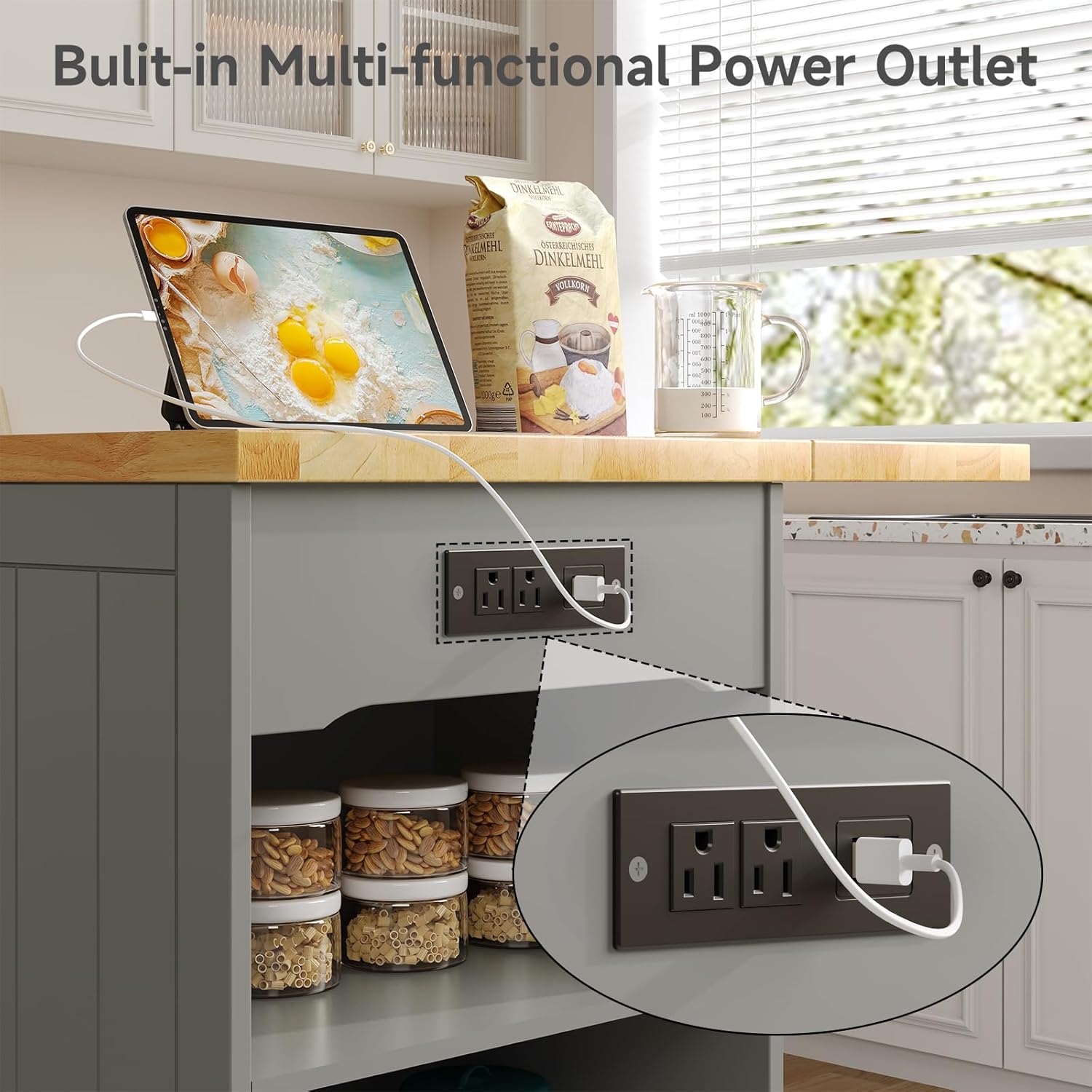 47" Kitchen Island with Seating, Stationary Island Table with Storage Include 2 Chairs, Kitchen Islands with Drop Leaf, Dining Table with Trash Cabinet & Power Outlet & Spice Rack, Grey