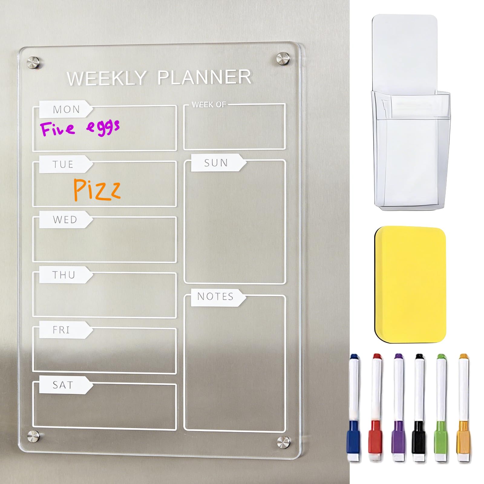 Magnetic Weekly Planner, Clear Dry Erase Calendar with 6 Markers, Pen Holder and Magnetic Chalkboard Eraser for Kitchen Home Food Planning Memo Reminders