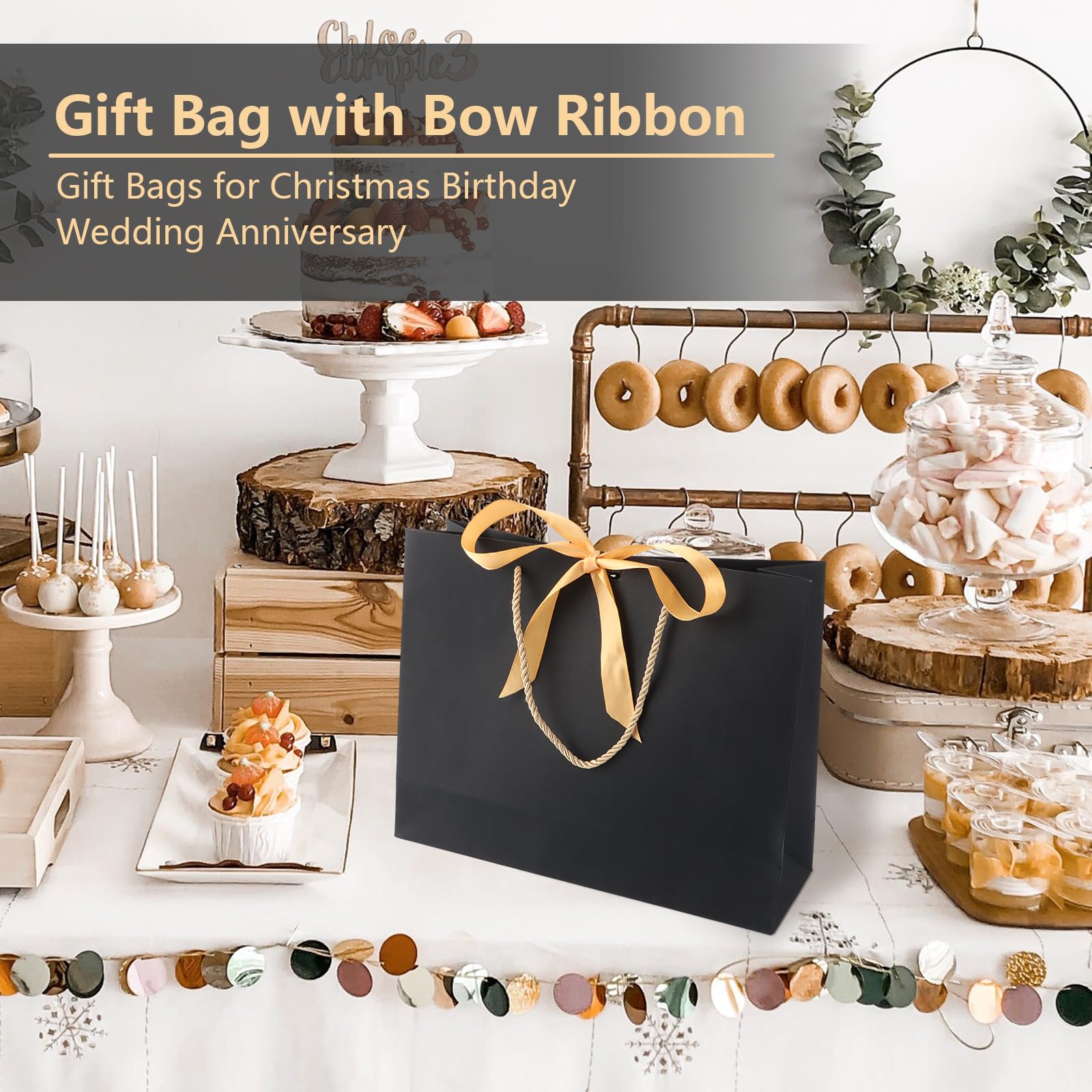 MOXARYSU Lot De 14 Sacs Cadeaux Noirs Avec Poignées : 20,3 X 12,7 X 25,4 Cm En Papier Noir Pour Fête, Shopping, Anniversaire, Mariage