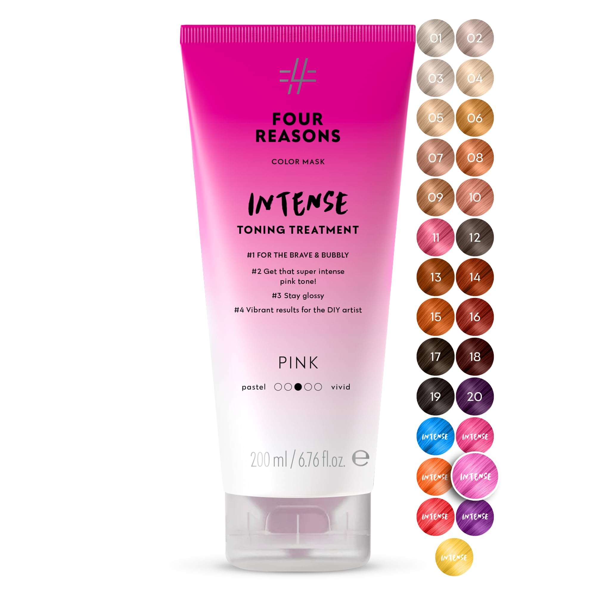 Four Reasons Color Mask INTENSE - Pink – (27 Colors) Intensive Toning Treatment - Color Depositing Conditioner – Semi Permanent Hair Dye for Lightened and Colored Hair– 100% Vegan, 6.76 fl oz