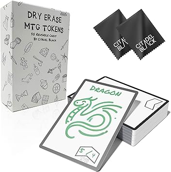 مجموعة رموز MTG Citadel Black Dry Erase مكونة من 50 بطاقة مع ممحاة مكونة من قطعتين، بطاقة وكيل رموز عالمية مزدوجة الجوانب قابلة لإعادة الاستخدام وقابلة للعكس، MTG TCG