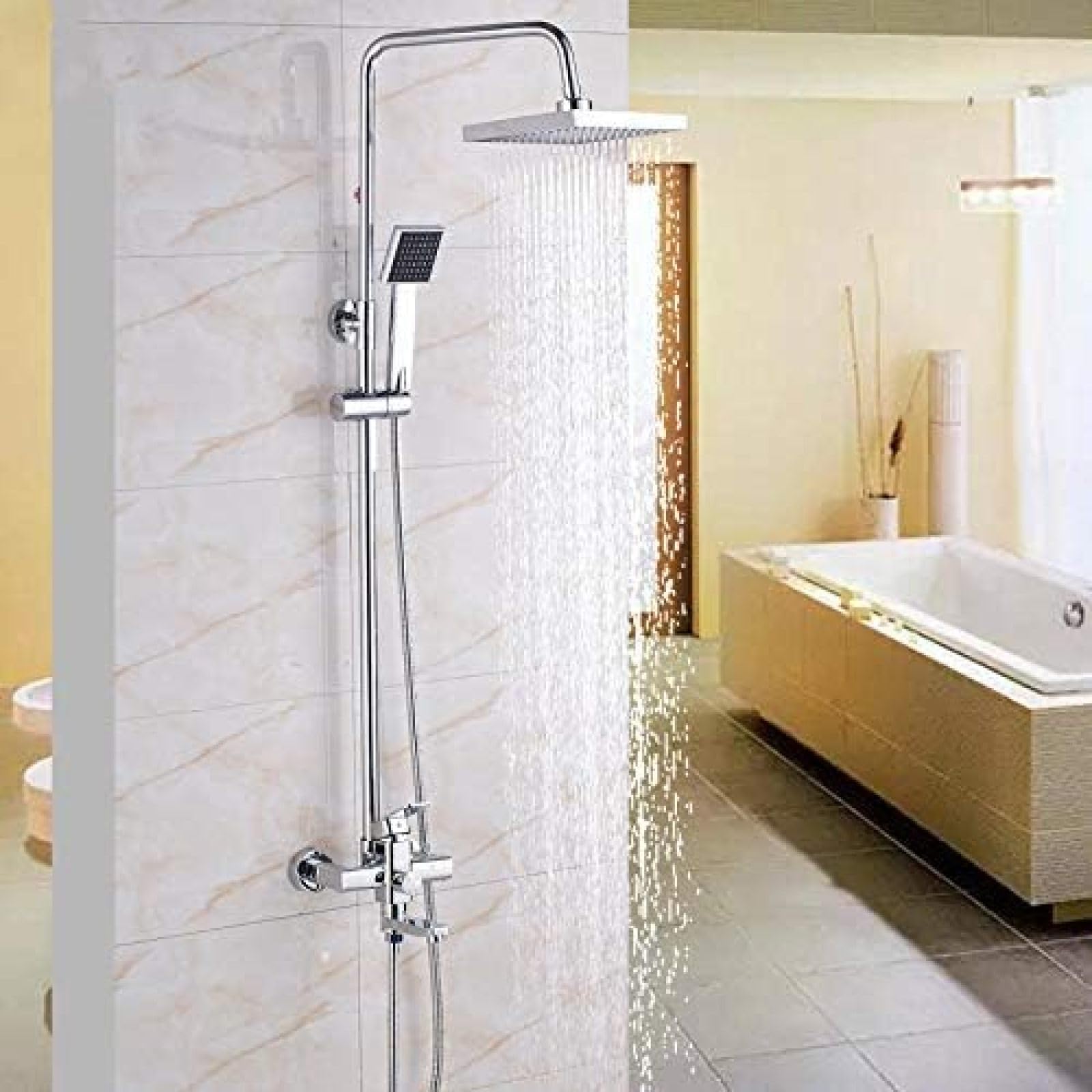 Colonne de douche carrée chromée 8" avec mitigeur de bain mural