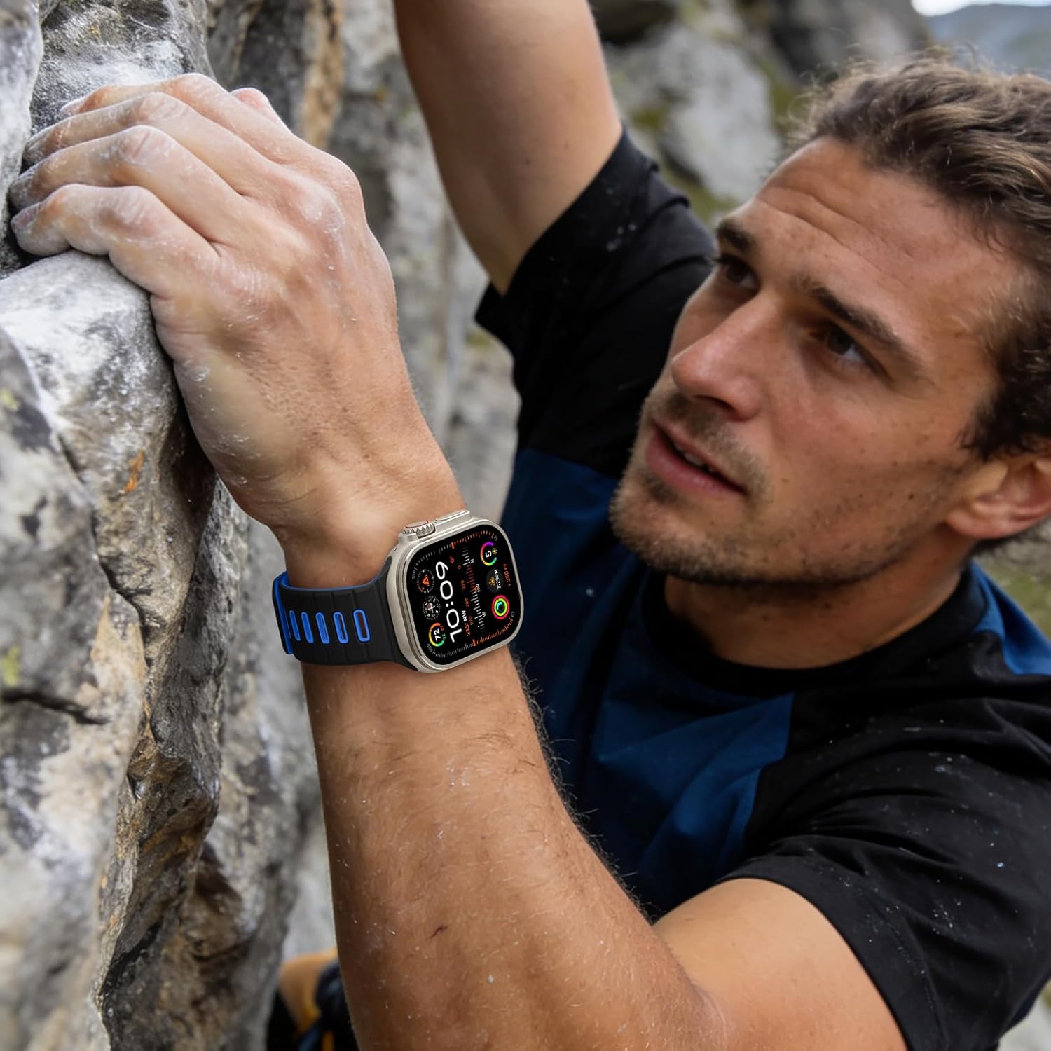 Odbeai Magnetic Sport Band Compatible with Apple Watch Ultra 3 2/Ultra Band for Men 49mm 46mm 45mm 44mm 42mm,Strong Magnet Outdoors Soft Silicone Strap for iWatch Series 11 10 9-1 SE,Black/Light Blue