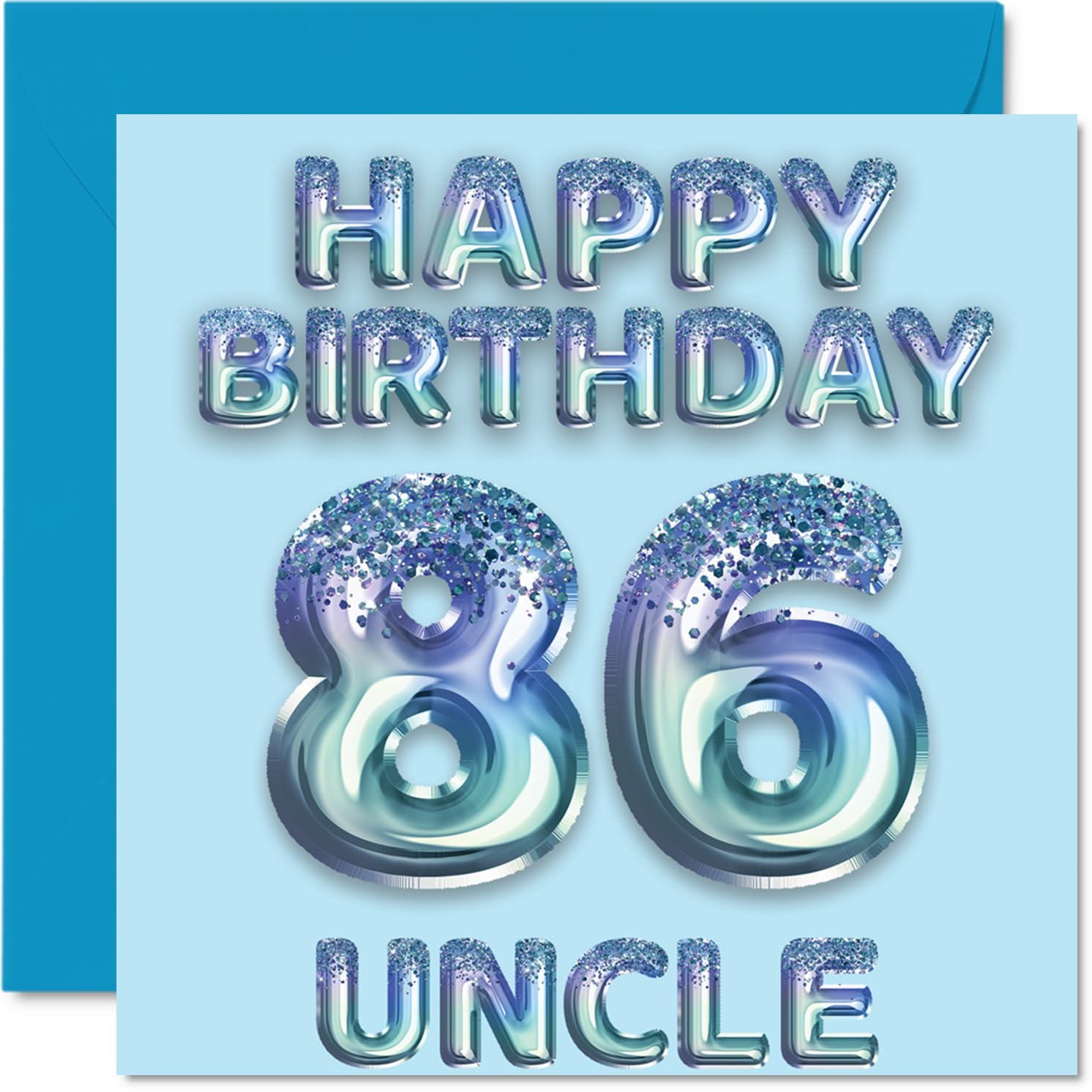 86th Birthday Card for Uncle, Blue Glitter Party Balloons