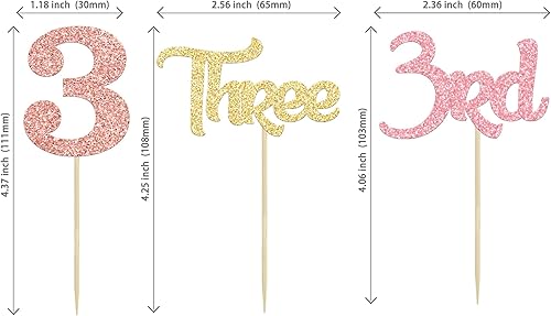 Miniatura 2 de Paquete de 24 adornos para cupcakes de tercer cumpleaños con purpurina para tercer cumpleaños para baby shower, 3er cumpleaños, aniversario, fiesta,