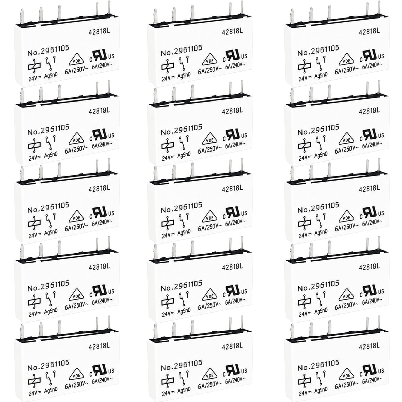 15-Pack No. 2961105 5-Pin Relay, 24V DC 6A Slim Power Relay Replacement for Phoenix Contact REL-MR- 24DC/21, Industrial Interface Electrical Component for PLC Terminal Block and Automation Cabinets