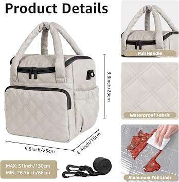 Women's Insulated Lunch Tote Bag - Inch Quilted Lunch Box for Women, Large Waterproof Cooler Bag with Pockets for Work, Picnic, Adult (camel)
