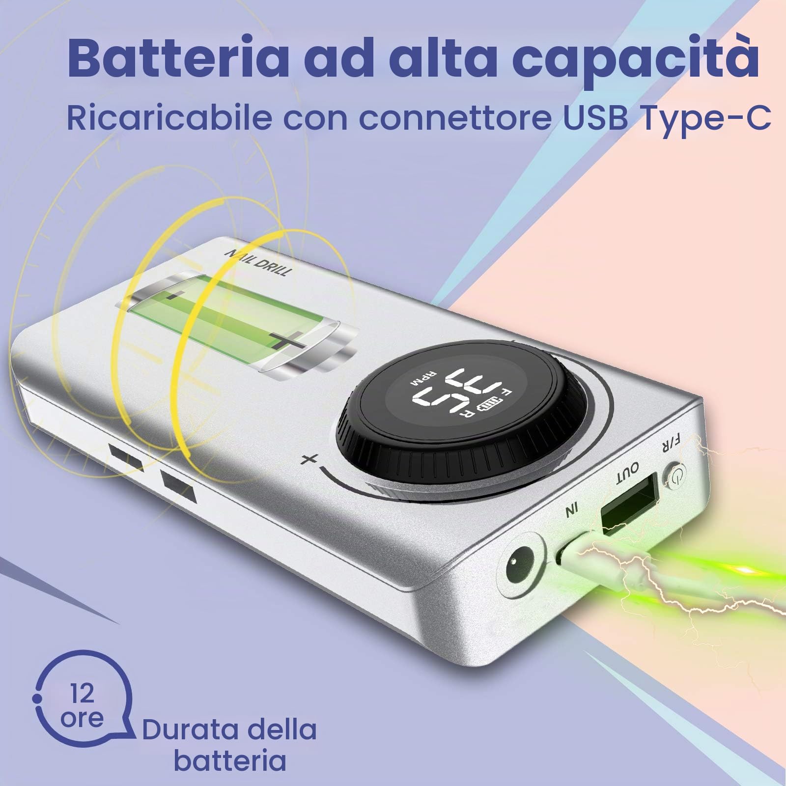 Delanie Fresa per Unghie Professionale 35000 Giri, Trapano Elettrico Ricaricabile per Unghie, Fresa Portatile per Unghie Semipermanente, Manicure e Pedicure, Adatta a Casa e Salone, Argento